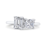 14K White Gold Two Stone Engagement Ring Center with Emerald & Cushion Diamond