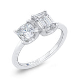 14K White Gold Two Stone Engagement Ring Center with Emerald & Cushion Diamond