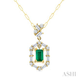 5x3 MM Emerald Cut and 1/3 Ctw Baguette & Round Cut Diamond Precious Fashion Pendant With Chain in 14K Yellow Gold
