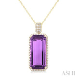 26X12 MM Emerald Cut Amethyst and 1/2 Ctw Round Cut Diamond Halo Semi-Precious Pendant With Chain in 14K Yellow Gold