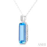 26X12 MM Emerald Cut Blue Topaz and 1/2 Ctw Round Cut Diamond Halo Semi-Precious Pendant With Chain in 14K White Gold