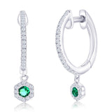 Sterling Silver, Lab-Grown 0.15ct Emerald Hexagon Charm, 0.16ct Natural Diamond Huggies -(64 Stones)
