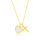 Sterling Silver, MOP Heart w/ CZ Cross Necklace - Gold Plated