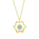 Sterling Silver, Larimar & MOP Flower Necklace - Gold Plated