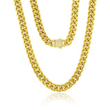 Stainless Steel, 12mm Miami Cuban, CZ Lock Necklace - Gold Plated