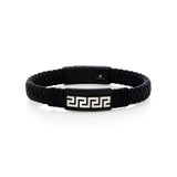 Stainless Steel, Braided Leather Greek Key Bracelet - Black