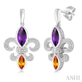 Silver Fleur De Lis Gemstone & Diamond Earrings