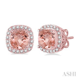 6x6 mm Cushion Cut Morganite and 1/4 Ctw Round Cut Diamond Earrings in 14K Rose Gold