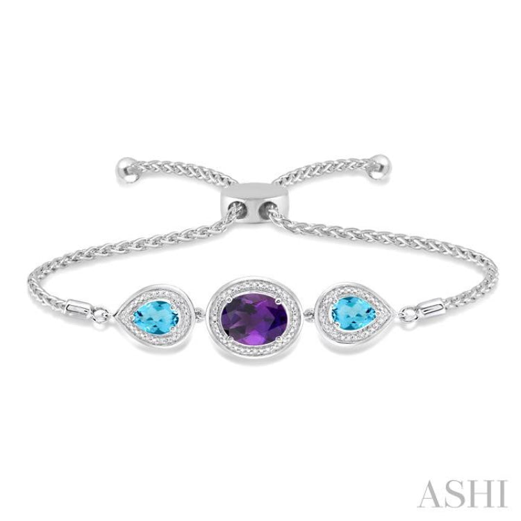 Silver Oval & Pear Shape Gemstone & Diamond Lariat Bracelet
