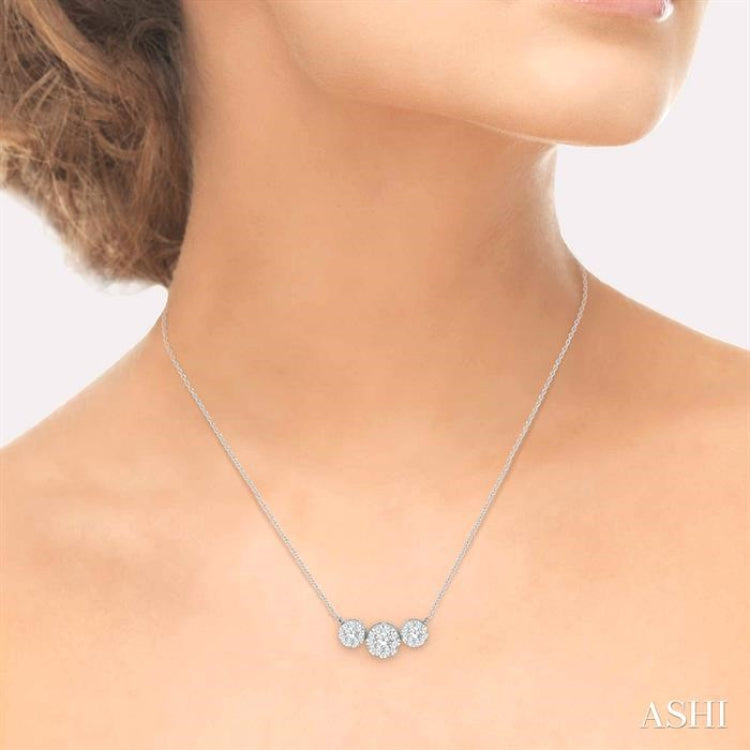 White Gold Diamond Trinity Necklace, Three Stone Cluster Pendant and Chain  18, Past Present Future Anniversary Gift