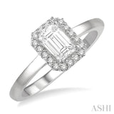 5/8 ctw Octagonal Mount Emerald and Round Cut Diamond Ladies Engagement Ring with 1/2 Ct Emerald Cut Center Stone in 14K White Gold