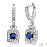 4x4MM Cushion Cut Sapphire and 1/3 Ctw Round Cut Diamond Earrings in 14K White Gold