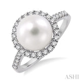 9x9mm Cultured Pearl and 3/8 Ctw Round Cut Diamond Ring in 14K White Gold