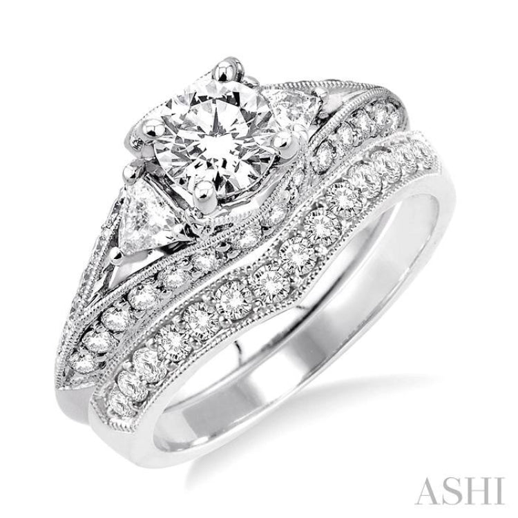 1 3/4 Ctw Diamond Wedding Set with 1 1/2 Ctw Round Cut Engagement Ring and  1/3 Ctw Wedding Band in 14K White Gold