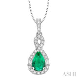 7x5 MM Pear Shape Emerald and 1/3 Ctw Diamond Pendant in 14K White Gold with Chain