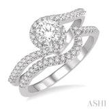 5/8 Ctw Diamond Wedding Set With 1/2 Ctw Embraced Round Shape Engagement Ring and 1/6 Ctw Crescent Shape Wedding Band in 14K White Gold