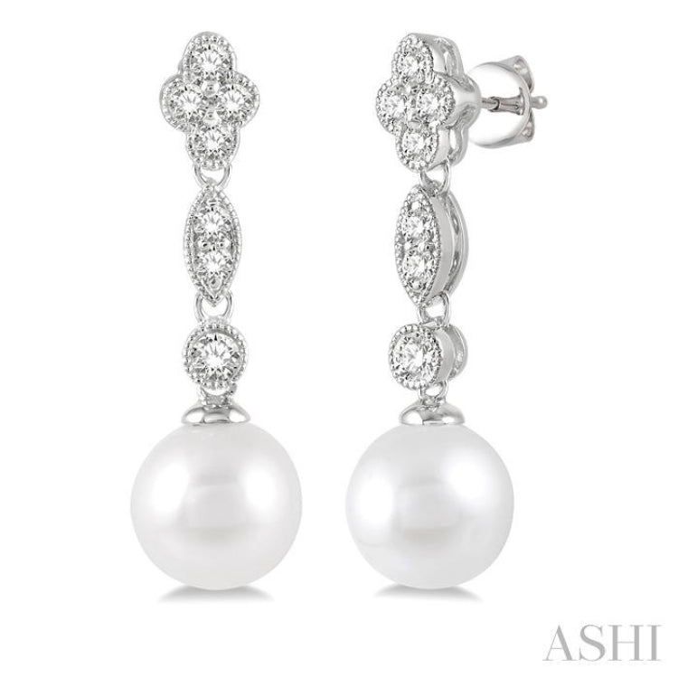 18K White Gold Cultured Pearl and Lab Diamond Tennis Earrings