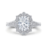 14K White Gold Oval Diamond Halo Vintage Engagement Ring (Semi-Mount)
