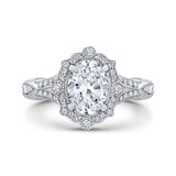 Oval Diamond Halo Engagement Ring In 14K White Gold with Split Shank (Semi-Mount)