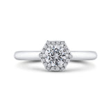 14K White Gold Round Diamond Hexagon Shape Halo Engagement Ring