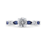 14K White Gold Round Diamond Engagement Ring with Pear Sapphire