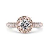 14K Rose Gold Round Halo Diamond Cathedral Style Engagement Ring