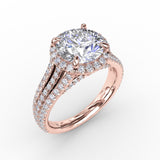 Round Diamond Halo Engagement Ring With Triple-Row Diamond Band
