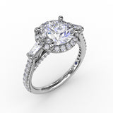 Vintage Round Diamond Halo Engagement Ring With Tapered Baguettes