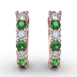 Shared Prong Emerald And Diamond Hoop Earrings