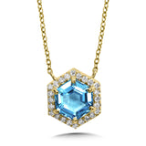 Hexagon-Cut Swiss Blue Topaz & Diamond Halo Necklace
